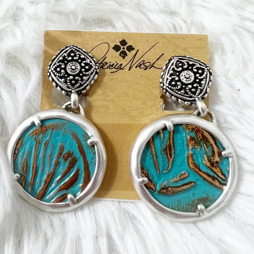 Patricia Nash Carina Filigree Earrings Tooled Turquoise Silver Clip On Earrings 42$